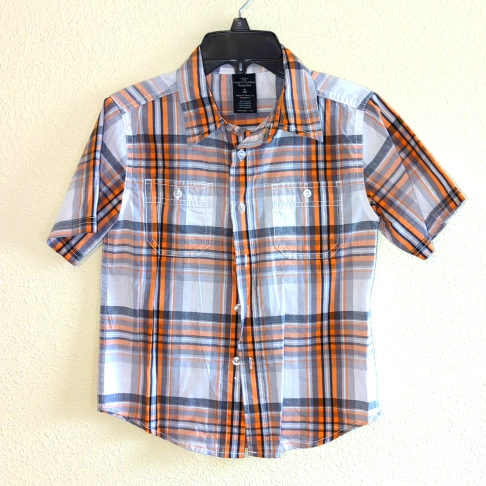 Boys - Orange Plaid Short Sleeve Button Down Shirt. Size Medium (8). Fad…